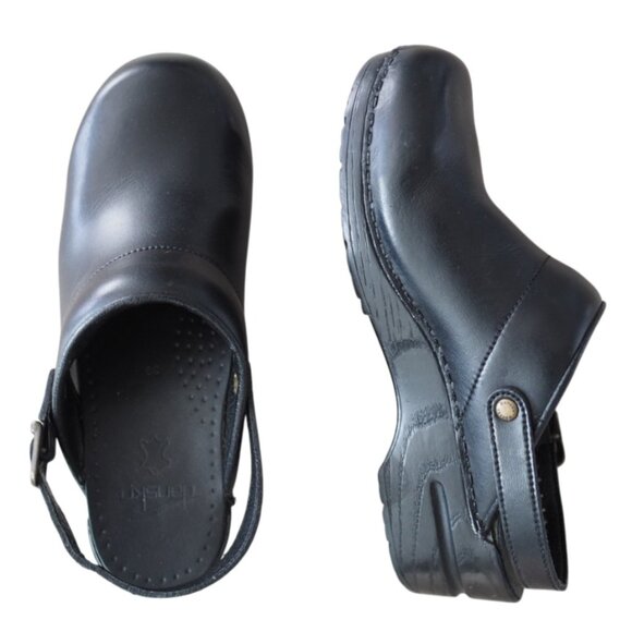 Dansko Shoes - Dansko Baylor Black Calf Mule Leather Clogs Adjustable Strap Preppy Size 8.5-9